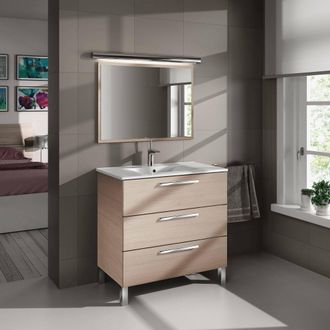 Dmora Dmora - Armario Bajo Encimera Dlo, Mueble De Ba&ntilde;o, Armario Con 3 Cajones Y Espejo, Lavabo No Incluido, 80x45h86 Cm, Roble