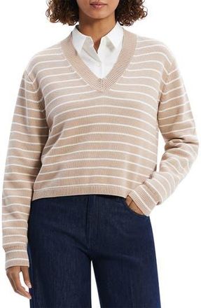 Theory Waverly Stripe Cotton V-Neck Crop Sweater in Light Camel/White at Nordstrom Rack, Size Medium