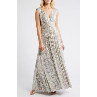 Eliza J Sequin Twist Front Gown in Silver at Nordstrom, Size 12