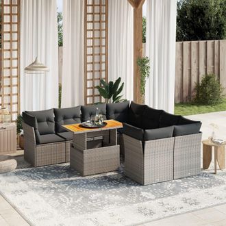 vidaXL Set De Muebles De Jard&iacute;n 9 Pzas Y Cojines Rat&aacute;n Sint&eacute;tico Gris Vidaxl