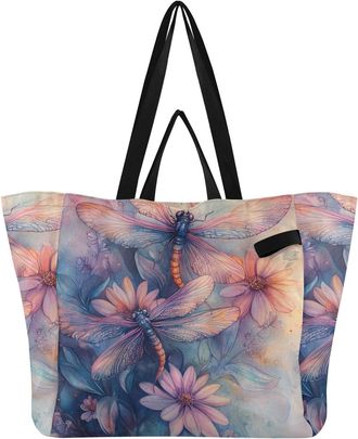 Generic Floral Dragonfly Purple pattern Reusable Canvas Tote Bag, Heavy Duty Grocery Shopping Bag with Hard Bottom Large Capacity Double Handles Work Grocerie