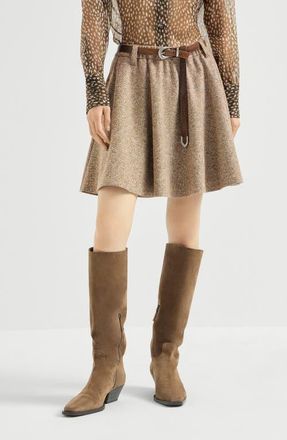 Brunello Cucinelli Virgin wool donegal mini circle skirt with monili in Pine Cone Brown at Nordstrom, Size 44