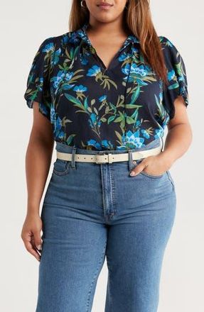 Caslon Floral Flounce Sleeve Top in Navy- Blue Willoughby Floral at Nordstrom Rack, Size 4X