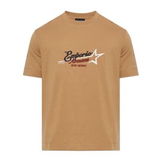Emporio Armani T-shirt met geborduurd logo - Heren - T-shirts - Beige - XL - Katoen - Tops