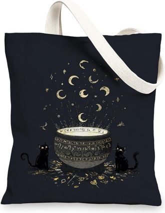 Generic Cat Canvas Tote Bags, Moonlight Pattern Reusable Grocery Bags, Vintage Witch Lightweight Washable Shoulder Strap Canvas Bag, Black, 13x15 Inch