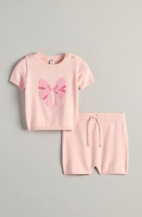 Nordstrom Intarsia Bow Sweater & Shorts Set in Pink Balm Bow at Nordstrom, Size 24M