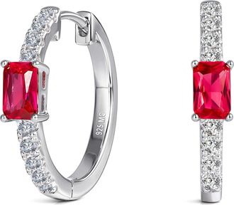 MAX + STONE 925 Sterling Silver Emerald Cut Round Gemstone Hoop Earrings with Cubic Zirconia