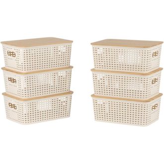 Relaxdays Relaxdays storage boxes, set of 6, plastic with bamboo lid & handles, HxWxD: 10.5x25.5x18 cm, organiser, white