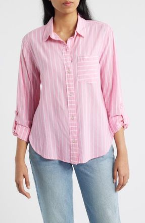 Beach Lunch Lounge Campbell Directional Stripe Long Sleeve Cotton Blend Button-Up Shirt in Ultra Pink at Nordstrom, Size X-Small