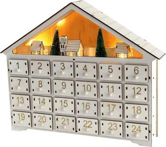 OEM Calendrier De L Avent En Bois - 24 Tiroirs - Led Chaudes - Lotus Naturel - 41,5 X 8,5 X 33,6 Cm - Blanc