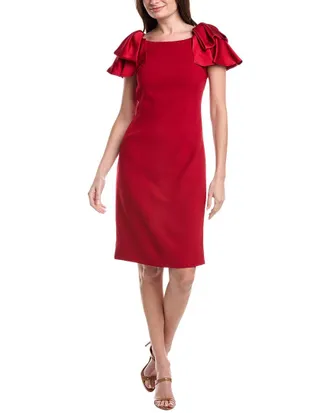 Teri Jon by Rickie Freeman Crepe Boatneck Satin Ruffle Shoulder Dress