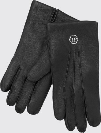 Philipp Plein Guanti in pelle a grana con logo Hexagon