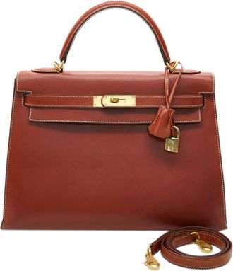 Herm&egrave;s Vintage Kelly 32 Sellier in Burgundy Box Calf Leather with Gold Hardware