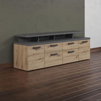 HOME AFFAIRE TV-Schrank »Ambres« 1 Stk. tlg. Lowboard inklusive Aufsatz in Eiche/Grau - Mit Vollauszug-Funktion