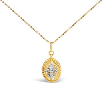 House of Brilliance 10K Yellow Gold Diamond Accent Fleur de Lis Fluted Medallion Pendant Necklace