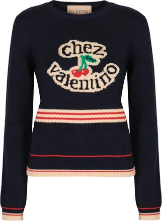 Valentino Garavani Womens Cotton Crew-neck Sweater - Dark Blue - Size Medium