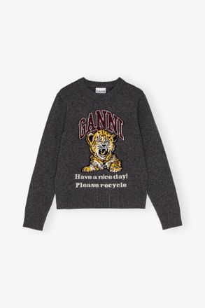Ganni Grey Dark Graphic Tiger Sweater - Size XXS Wool