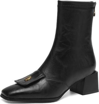 Generic Womens Ankle Boots Square Toe Chunky Block Heels Back Zip Decorative Buckle Comfortable Non Slip Wear Resistant Party Evening Casual Shoes,Black,5.5 U