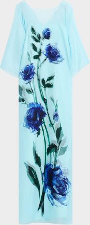 Teri Jon Floral-Print Chiffon Draped Gown