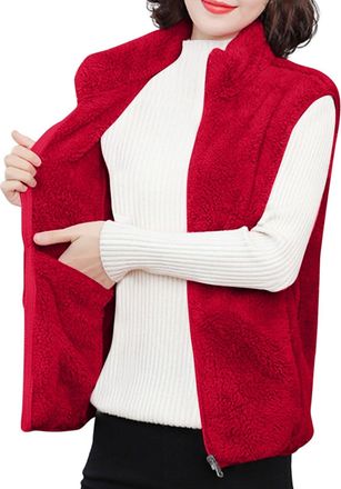 Generic Womens Fleece Gilet Sleeveless Zip-Up Teddy Jacket Winter Body Warmers Soft Fluffy Sherpa Vest Casual Comfortable Plush Waistcoat with Pockets Red XXL