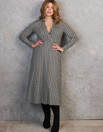 Live Unlimited London Womens Black Geo Print Collar Wrap Jersey Dress - Size: 16