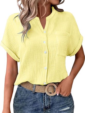 Generic Womens Blouses Button Down V Neck Short Sleeve Dressy Casual Tops Elegant Business Work Shirts(Yellow, XXL) t-Shirts et Tops de Sport Femme