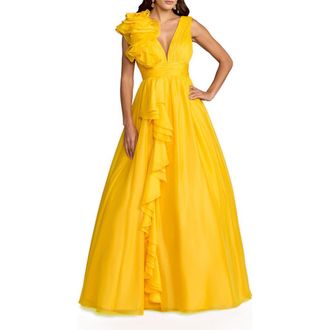 Mac Duggal Ruffle Shoulder V-Neck A-Line Evening Gown in Marigold at Nordstrom, Size 12