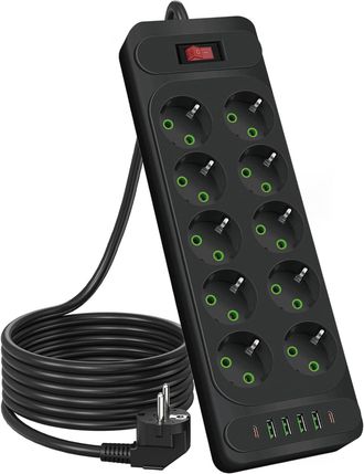 OEM Regleta Mural Usb De 10 Tomas, 2500 W, Con Interruptor, 4 Puertos Usb A + 2 Puertos Usb C, Estaci&oacute;n De Carga Inteligente Y Cable Alargador De 2 M. Ide
