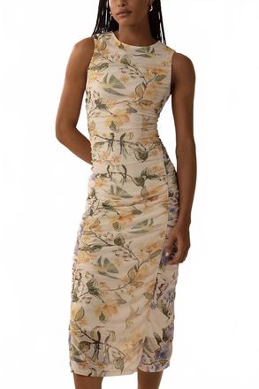Farm Rio Hummingbird Garden Floral Ruched Midi Dress In Cream
