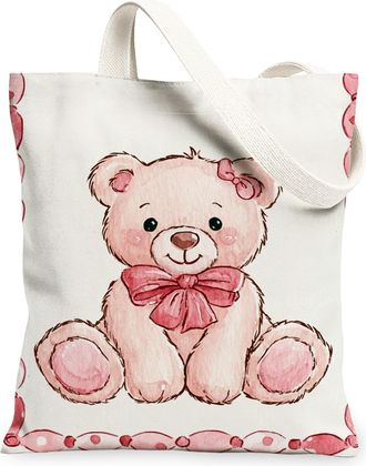 Generic Cute Bear Canvas Tote Bags, Adorable Animal Pattern Reusable Bags, Vintage Lightweight Washable Shoulder Strap Canvas for G, Peach, 13x15 Inch
