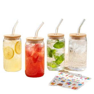OEM Bicchieri In Vetro, Coperchi In Bamb&ugrave;, Cannucce Riutilizzabili, 4 Pezzi, 401-500 Ml-b