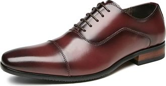 Generic Shoes Dress Oxford for Men Lace Up Burnished Toe Cap Toe Shoes Leather Rubber Sole Anti-Slip Low Top Resistant Non Slip Prom(Wine,8.5 UK)
