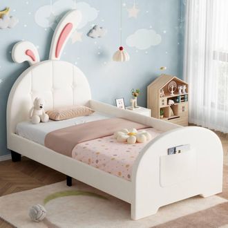 Matteo Rabbit-Shaped Upholstered Single Bed Frame - Bunny Ear & Storage in Cream