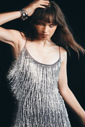 Warehouse Womens Hand Embellished Sequin Tassel Midi Dress - Metallic - Size 14 UK