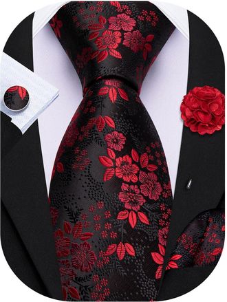 Barry.Wang Red Black Tie with Flower Lapel Pin for Men Floral Silk Necktie Pocket Square Cufflinks Set Formal Wedding Party Business