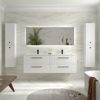Cygnus Bath Mueble De Ba&ntilde;o Runa 160cm Blanco Mate 4 Cajones Lavabo Vilna 2 Pozas Solid Surface
