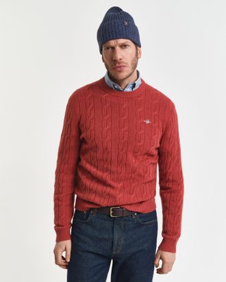 GANT Men Lambswool Cable Knit Crew Neck Sweater (XXXL) MODERN RUST