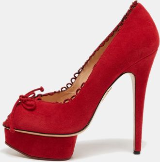 Charlotte Olympia Red Suede Daphne Scalloped Trim Peep Toe Platform Pumps