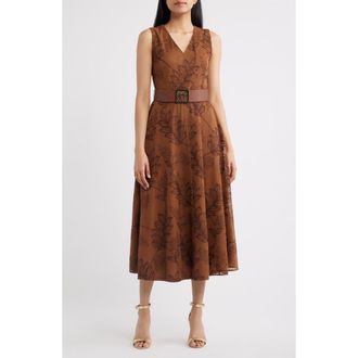 Anne Klein Embroidered Belted Fit & Flare Midi Dress in Chili at Nordstrom, Size 10