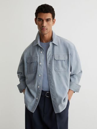 Reiss Powder Blue Monogram Embossed Relaxed Suede Jacket, XL