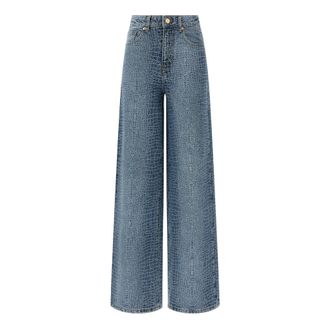 Self Portrait Rhinestone Croc Effect Wide Leg Jeans - Dames - Loose Fit Jeans - Blauw - W26 - Katoen - Jeans
