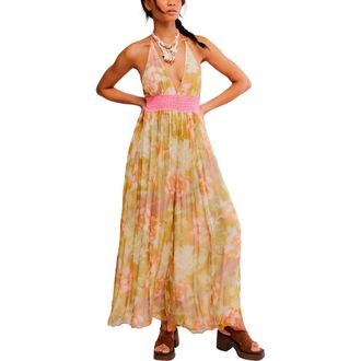 Free People Haze Print Wide Leg Halter Jumpsuit in Blush Meadow Combo at Nordstrom, Size X-Small