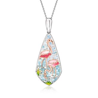 Ross-Simons Mother-Of-Pearl and Multicolored Enamel Flamingo Mosaic Pendant Necklace in Sterling Silver and 18kt Rose Gold Over Sterling
