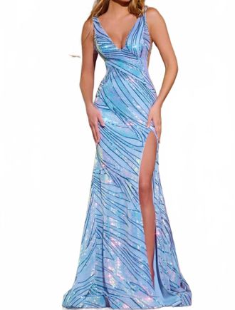 Jovani Plunging Sleeveless Gown With Sequin Detail In Light Blue