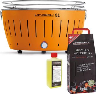 Lotus Grill Barbacoa Naranja Xl Con Pilas Y Cable De Alimentaci&oacute;n Usb + 2,5kg De Carb&oacute;n De Haya + Gel Combustible 500ml - Lotus Grill