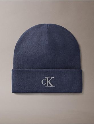 Calvin Klein Mens Monogram Embroidery Fine Rib Beanie - Blue