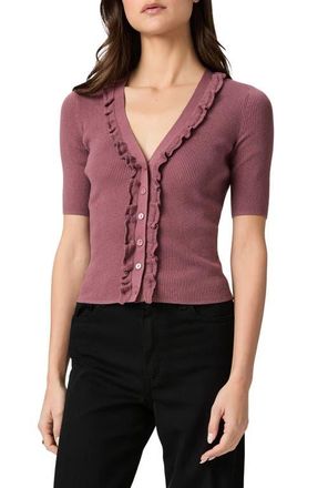 Paige Demetra Ruffle Rib Short Sleeve Cardigan in Rose Tea at Nordstrom, Size Xx-Small