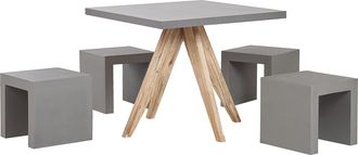 Beliani Conjunto De Comedor Para Jard&iacute;n De Cemento Reforzado Gris Con Patas De Madera De Acacia Para 4 Personas Mesa Cuadrada Con 4 Taburetes Olbia/taranto