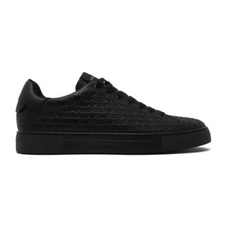 Emporio Armani Leren sneakers met all-over logoprint - Heren - Sneakers - Zwart - 41 EU - Leer - Schoenen