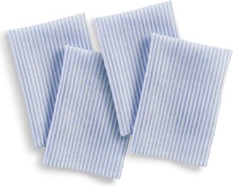 Solino Home Linen Dinner Napkins Set of 4, 20 x 20 Inch for Dining Table, Holiday and Everyday Table Decor - Narrow Stripe in Cornflower Blue And